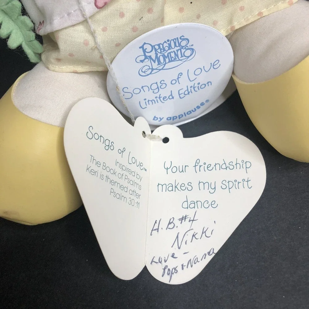 Vtg Precious Moments Songs of Love KERI DOLL with Tree Tags & Stand APPLAUSE